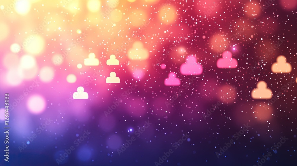 Poster abstract network of connections: glowing user icons in a colorful bokeh background.