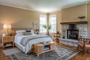 Sunlight streams through large windows illuminating a serene bedroom adorned with a soft bed, rustic furniture, and a welcoming fireplace, creating a peaceful retreat for relaxation.