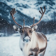 reindeer in the snow of Norway, with soft snowflakes falling from the sky and the landscape around the animal frozen in winter embrace