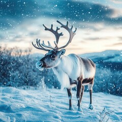 reindeer in the snow of Norway, with soft snowflakes falling from the sky and the landscape around the animal frozen in winter embrace