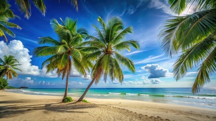 Sandy beach with palm trees under a clear blue sky on a sunny day in an ocean bay, tropical island
