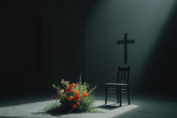 Solemn Scene: Flowers, Chair, and Cross in a Dark Room