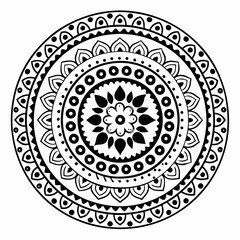 Symmetrical Mandala Design with Circular Floral Patterns, Intricate Black and White Mandala with Radiating Petals and Geometric Elements, Detailed Mandala Art with Repeating Flower Motifs