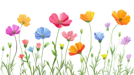 Colorful cosmos flowers growing on transparent background