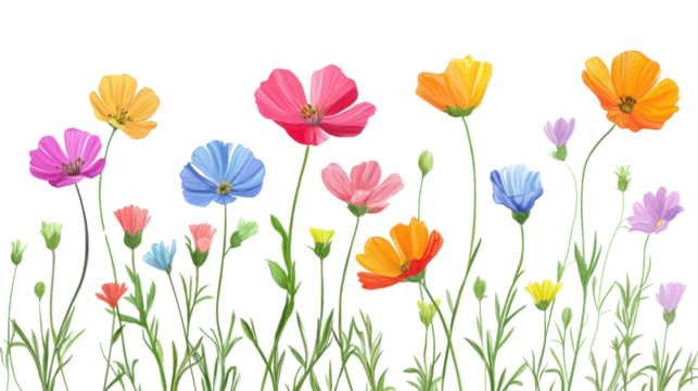 Colorful cosmos flowers growing on transparent background