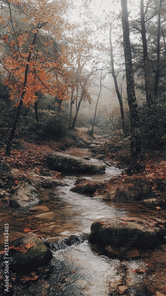 Poster autumn forest with a stream flowing through it.