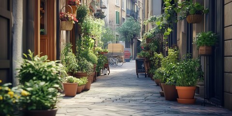picturesque city street where potted plants add charm to the urban setting, with deliveries taking place, highlighting the connection between nature and urban living