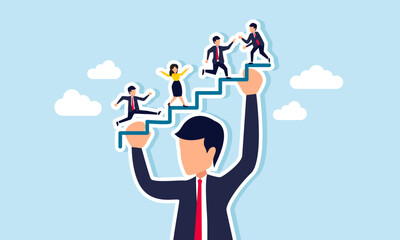 A giant businessman lifts a step line with entrepreneurs racing to the top, illustration of a major investor influencing business movements