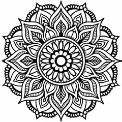 Intricate Black and White Mandala Design with Floral and Leaf Motifs, Detailed Geometric Mandala Art with Symmetrical Petals and Organic Patterns, Beautiful Mandala Artwork
