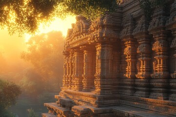 Sunrise at ancient temple, India. Peaceful morning scene, travel photography
