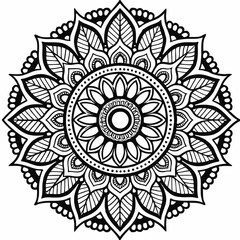 Intricate Black and White Mandala Design with Floral and Leaf Motifs, Detailed Geometric Mandala Art with Symmetrical Petals and Organic Patterns, Beautiful Mandala Artwork