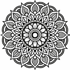 Intricate Black and White Mandala Design with Floral and Leaf Motifs, Detailed Geometric Mandala Art with Symmetrical Petals and Organic Patterns, Beautiful Mandala Artwork