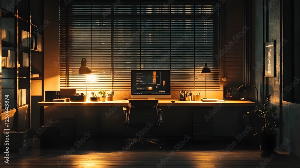 Poster a meticulously designed minimalist workspace with state of the art technology and contemporary light