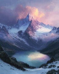 nestles below snowy peaks, its waters glowing in the soft hues of the evening sky, surrounded by untouched wilderness