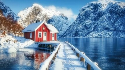 Norwegian pier in winter, its frosted beams stretching into a frozen fjord, surrounded by snow-capped peaks