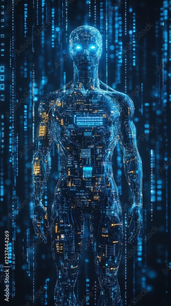 Poster digital humanoid: a cyborg in the matrix of binary code.