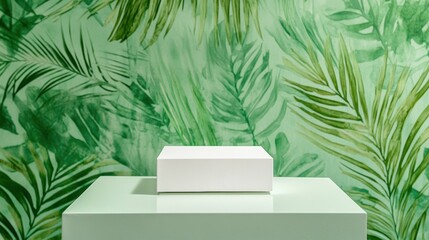 white cube display on green tropical leaf background
