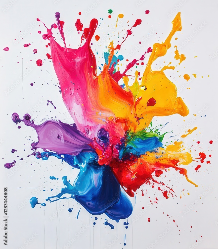 Poster bold and colorful paint spills splattered on a white canvas, with each splash expressing a different
