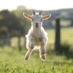 Obraz premium baby goat enjoying a carefree jump in a vibrant green pasture, its energetic leap full of excitement as it explores the open space