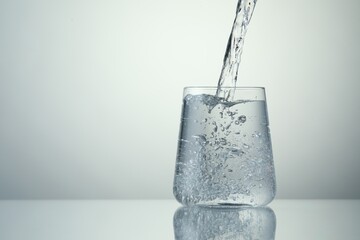 Pouring refreshing soda water into glass on light grey background, closeup. Space for text