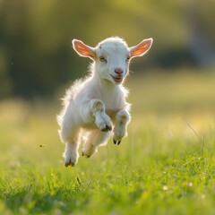 Obraz premium baby goat enjoying a carefree jump in a vibrant green pasture, its energetic leap full of excitement as it explores the open space