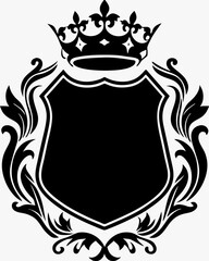 Regal Shield Design with Ornate Leaves and Crown, Bold Black and White Royal Crest, Elegant Heraldic Shield with Detailed Flourishes