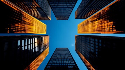 City Skyline: Captivating shot of towering skyscrapers bathed in golden sunlight, reaching towards a clear blue sky, showcasing the impressive architecture and modern urban landscape.