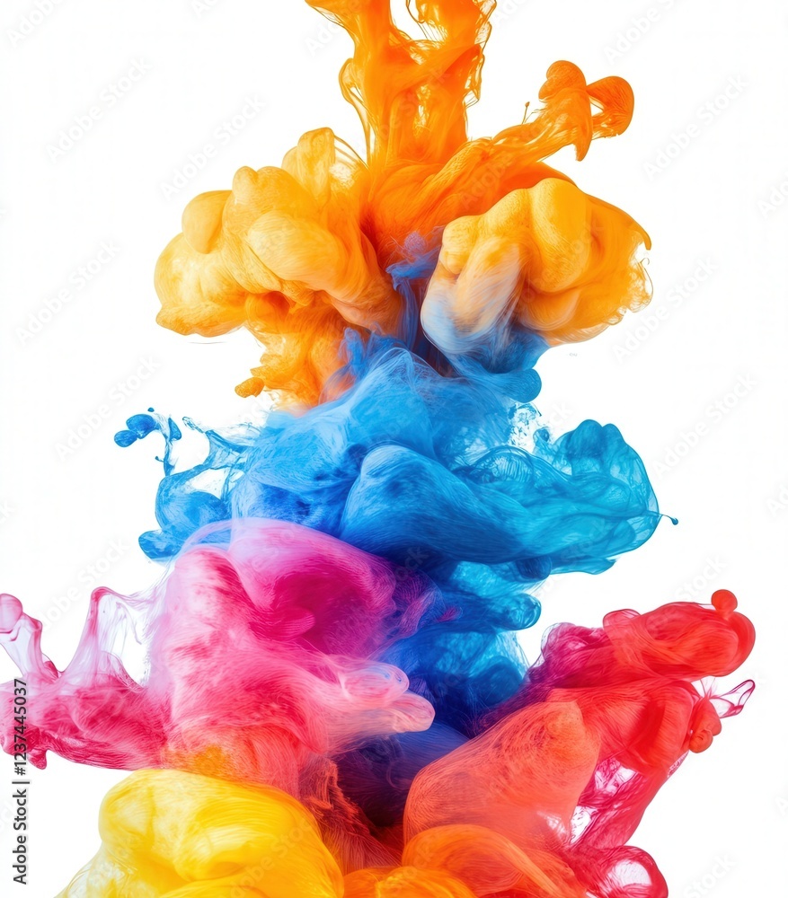 Poster vivid, flowing paint spills on a white background, blending seamlessly into each other to form an ab