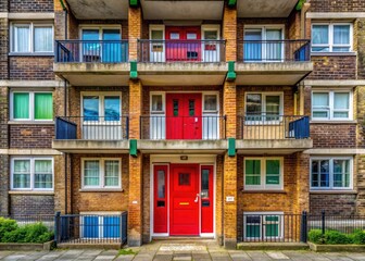London council housing: A panoramic view of Rockingham Estate's distinctive flat doors.