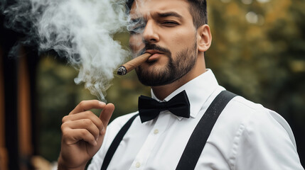 Elegant groom smoking cigar and exhaling smoke on wedding day