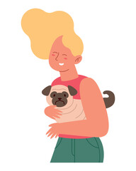 Woman holding a small pug dog with love
