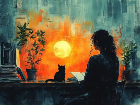 Woman reading with cat by window at sunset