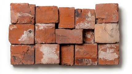 Fototapeta premium Reclaimed red bricks arranged on white background; construction material