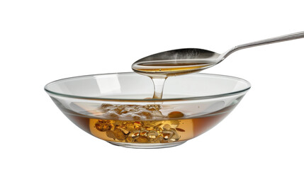 Spoon pouring honey into glass bowl with transparent background