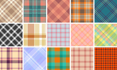 Vibrant collection of 16 seamless plaid patterns.  Perfect for textile design, website backgrounds, or crafting projects.  Offers diverse color palettes and styles for versatile applications.