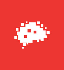 Obraz premium A white pixelated thought bubble or brain icon with red squares inside on a vibrant red background, representing digital thinking, creativity, or retro gaming.