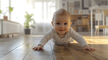 Fototapeta premium Happy Baby Crawling on Wooden Floor at Home