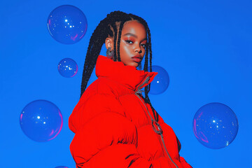 Portrait of a stylish young woman with braids in a red puffer jacket against a blue background with floating spheres.