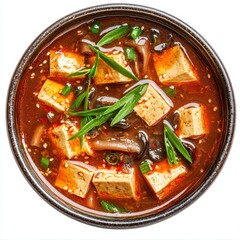 Hot and Sour Soup Served in Ceramic Bowl with Tofu and Green Onions