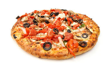 colorful tasty pizza with olives, pepperoni, ham and pepper, close-up shot, isolated on a white background