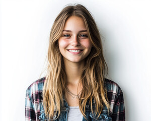 Fototapeta premium Smiling Young Woman with Long Hair in Casual Outfit Against White Background Portrait Photograph - Perfect for Lifestyle and Fashion Use Cases