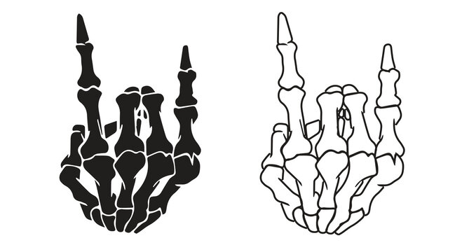 Skeleton hand rock sign. Anatomy Skeleton Hand, Rock Sign. Rock and roll hand gesture, vector illustration isolated on white.