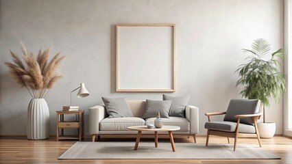 Neutral grey walls, minimalist boho decor. Blank painting frame, wabi-sabi inspired.