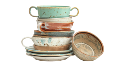 Stack of ceramic coffee cups and bowls with transparent background