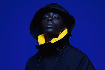 Fashion portrait of a person wearing a hooded jacket with a yellow lining against a blue background