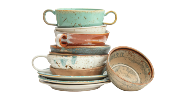 Stack of ceramic coffee cups and bowls with transparent background