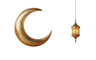 3D rendering of a golden crescent moon and hanging lantern for a Ramadan Kareem banner, with a copy space, isolated on transparent background