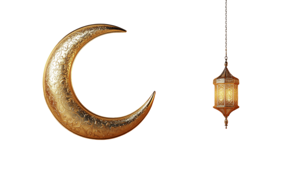 3D rendering of a golden crescent moon and hanging lantern for a Ramadan Kareem banner, with a copy space, isolated on transparent background - Powered by Adobe
