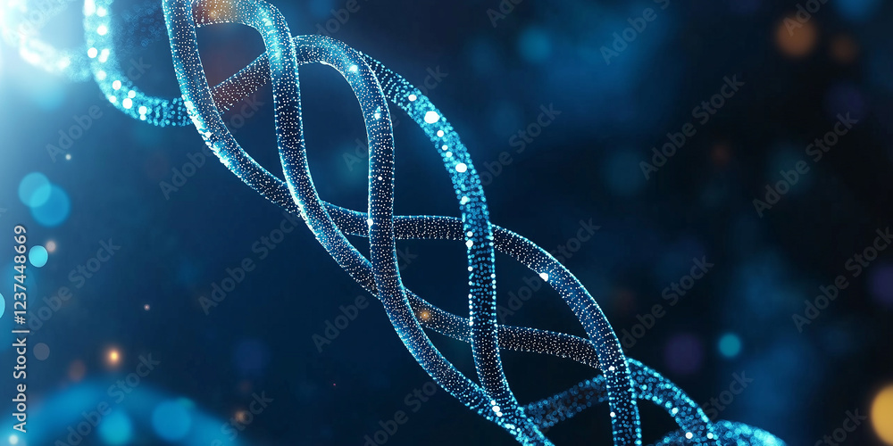 Aufkleber dna strand rotating on blue background with light particles