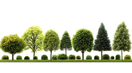 Lush green trees and shrubs landscape, isolated on white background, ideal for design